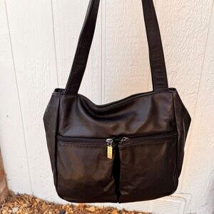 Tignanello Black Genuine Leather Shoulder Bag Purse Tote‎ Dual Handle Handbag